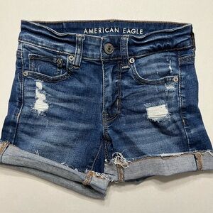 American Eagle Outfitters Distressed Roll-Hem Denim Shorts - Blue